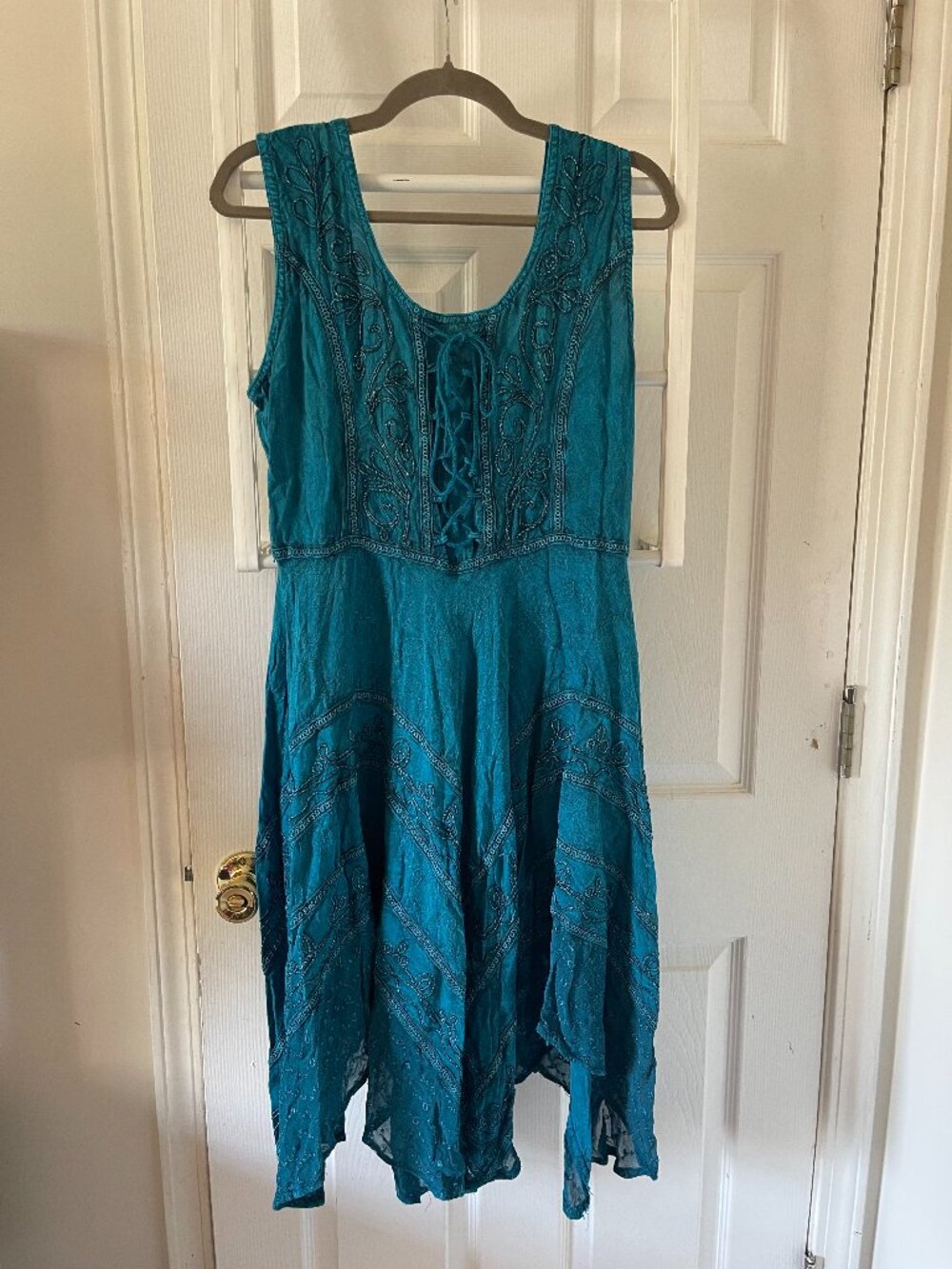 Sakkas Teal Embroidered Lace Up Ren Faire Fairycore Handkerchief Dress S/M